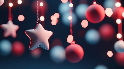 Fototapeta premium Glowing star and round ornaments in red and blue light create a festive atmosphere against a dark background.