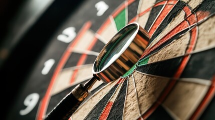 Obraz premium A magnifying glass focuses on the bullseye of a dartboard, showcasing its vibrant colors and details.