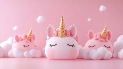 Obraz premium Three adorable pink unicorns with golden horns and closed eyes rest on soft white clouds against a pastel pink background.