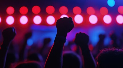 Fototapeta premium Silhouetted fists are raised in celebration against a backdrop of colorful red and blue stage lights at a vibrant concert.