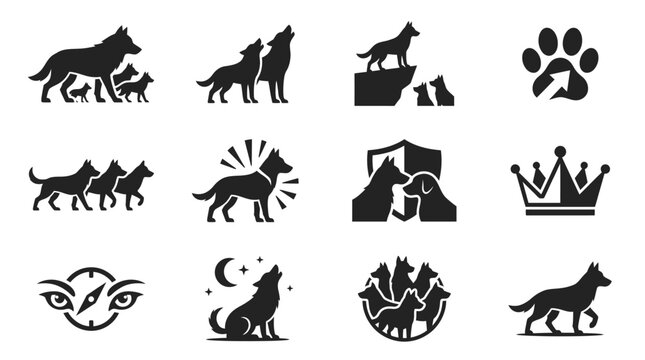 Wild wolf and nature landscape silhouette set.