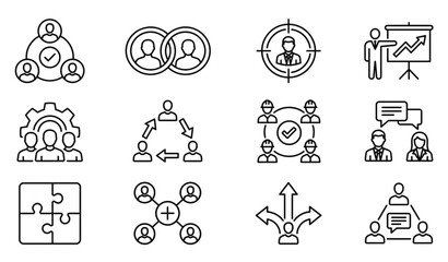 Fototapeta premium ​Business teamwork and human resources vector icons set isolated on white background flat corporate collaboration illustration leadership team communication line design