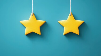 Fototapeta premium Two yellow star-shaped ornaments dangle from white strings against a teal background, creating soft shadows.