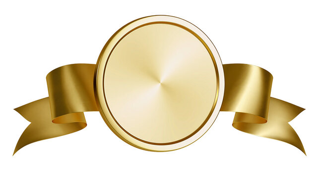 Shiny golden medal with satin ribbon, isolated on transparent background
