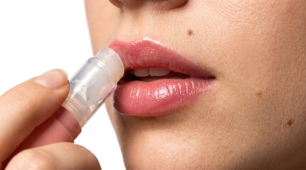 Naklejka premium Woman Applying Clear Lip Gloss from a Small Roller Applicator on Her Hydrated Lips