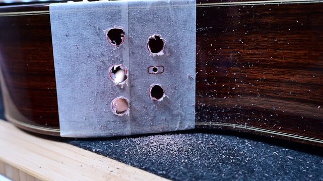 Luthier drilling holes into a classical guitar body