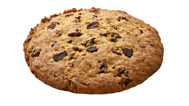 Golden brown chocolate chip cookie with dark chocolate chunks, isolated on transparent background