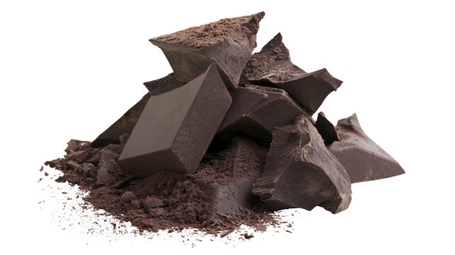 Dark chocolate chunks and powder, isolated on transparent background
