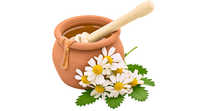 Clay pot filled with golden honey and wooden dipper surrounded by chamomile flowers, isolated on transparent background