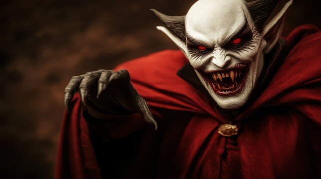 A menacing vampire with pale skin, sharp fangs, glowing red eyes, and clawed hands, draped in a red cloak, extends a sinister hand forward.
