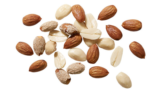 Pile of whole and blanched almonds, isolated on transparent background