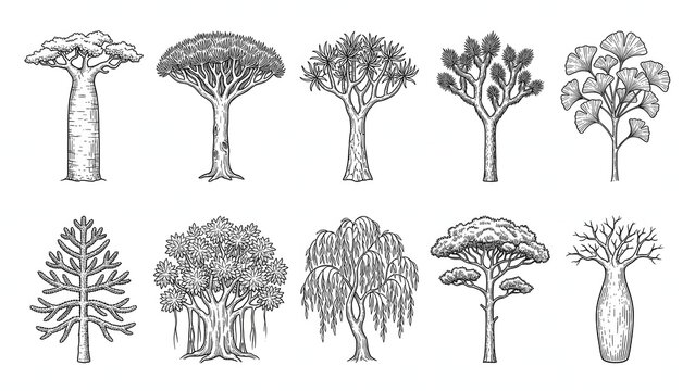 Set of Diverse Hand Drawn Tree Species Vector Illustration