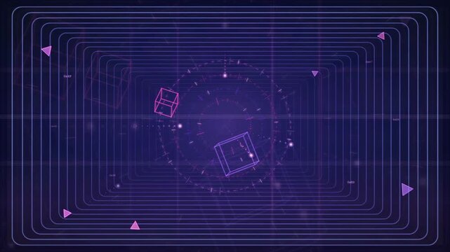 Abstract futuristic digital interface with rotating 3D wireframe cubes and glowing purple HUD elements