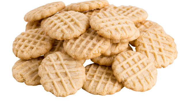 Pile of golden peanut butter cookies with crisscross pattern, isolated on transparent background