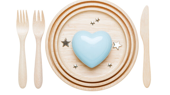 Light blue heart shape on wooden plates with star decorations, isolated on transparent background