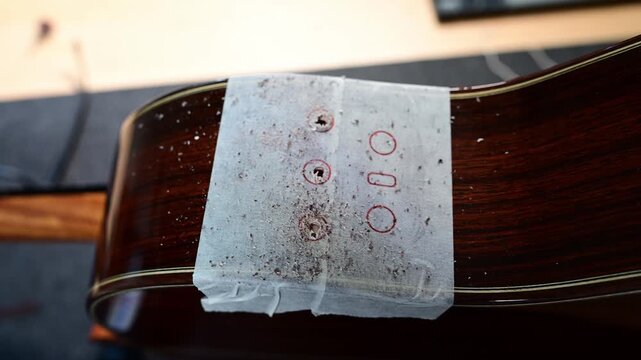 Close-up of a luthier drilling new holes into a classic guitar