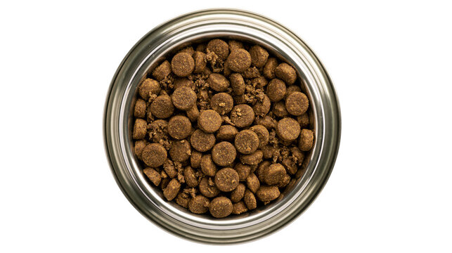 Full metal bowl of dry brown kibble pet food, isolated on transparent background