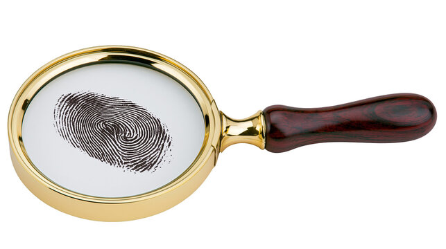 Magnifying glass with golden frame and dark wood handle examining a fingerprint isolated on transparent background