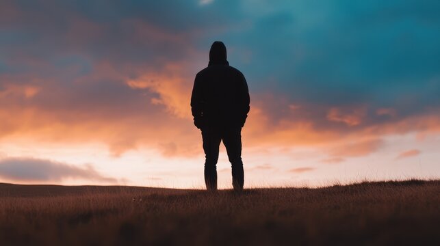 A hooded figure stands on a grassy hill, silhouetted against a vibrant sunset sky.
