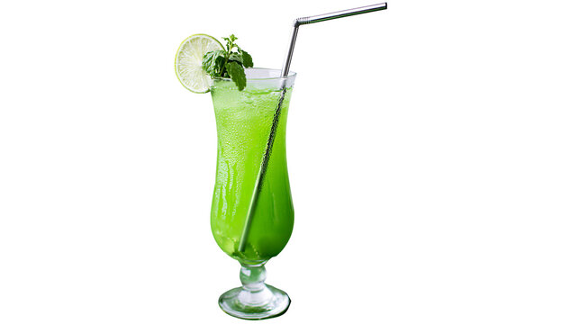 Tall glass of green mint lemonade with ice lime slice and metal straw, isolated on transparent background