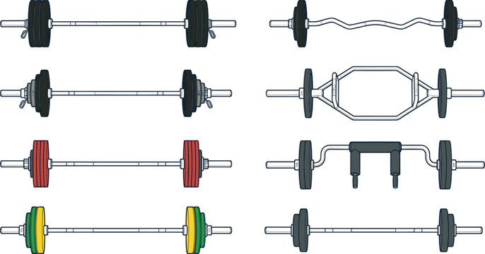 Olympic Barbell and Specialty Weightlifting Bars Vector Set Featuring Straight, EZ Curl, Trap, Safety Squat, and Standard Gym Equipment