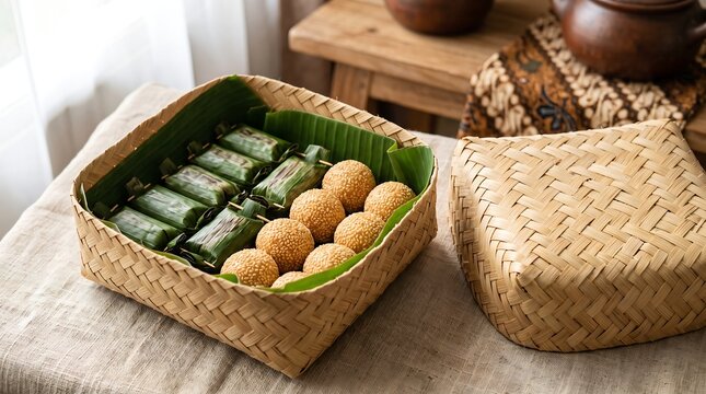 Traditional Indonesian Snacks Lemper and Onde-onde in Bamboo Box