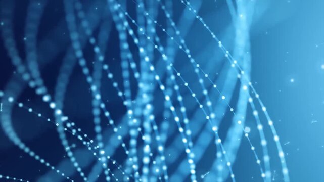 Blue glowing abstract particle strings wave motion background.