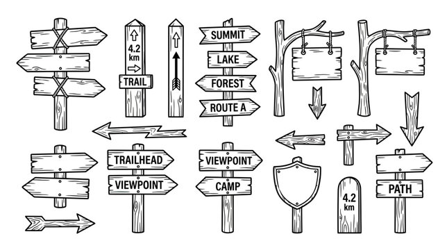 Wooden Signpost Collection: Directional Arrows, Trail Markers, and Information Boards
