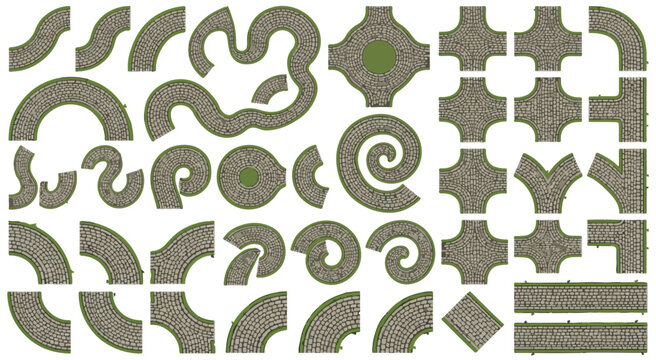 Modular asphalt road constructor set, overhead view of curved highway segments and street intersections, grey textured pavement vector kit