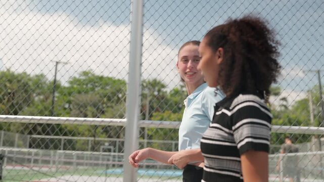 Active, lively, and cheerful female athletes, dressed in athletic attire, chat casually by the sidelines of a pickleball court, engaging in leisure activities or exercising for good health.