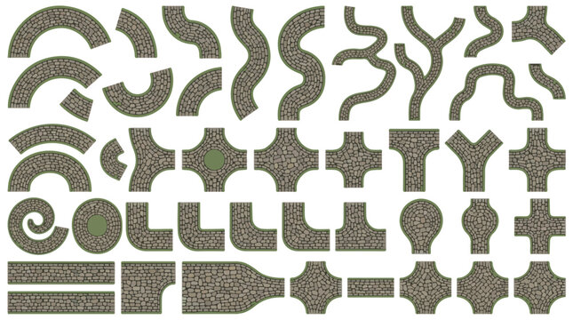 Asphalt road constructor set with 40 vector elements, modular street map parts and highway intersections, grey textured pavement path segments