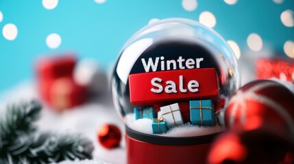Fototapeta premium A festive snow globe featuring small gift boxes and the words 
