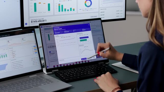 Treasury Manager Reviews Real-time Cash Dashboard On Laptop