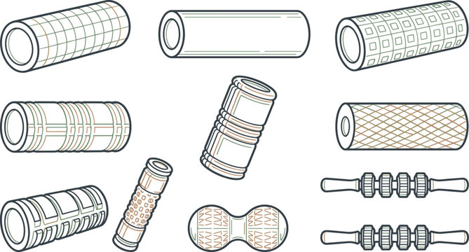 Foam Roller and Massage Roller Line Art Icon Set Featuring Muscle Recovery Tools, Trigger Point Rollers, Fascia Massage, and Fitness Therapy Equipment