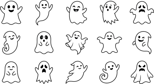 Halloween day ghost icons set cute spooky vector graphics for holiday designs
