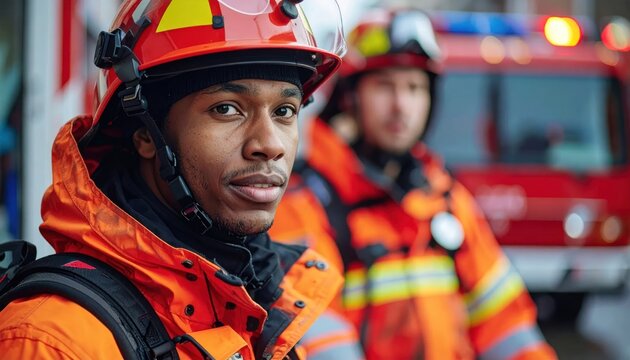 African American firefighter in gear by a fire truck.