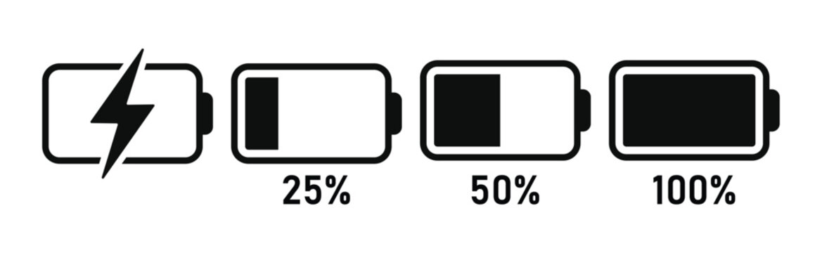 Battery icon set. Isolated black smartphone battery level indicator icons on white background. Concept power, energy, low , full, load. UI elements symbols. vector illustration. eps 10