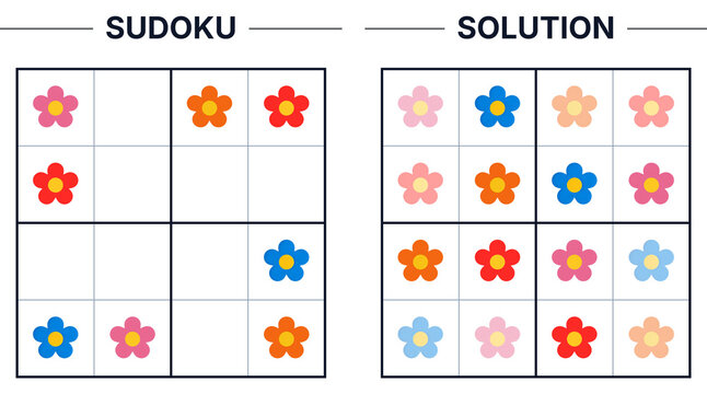 Colorful flower Sudoku puzzle and its solution layout  