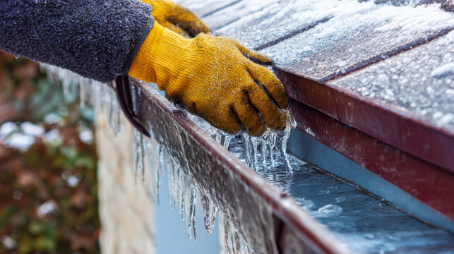 A gloved hand wearing a yellow glove removes ice from a roof gutter. Icicles hang from the edge, indicating winter weather conditions.