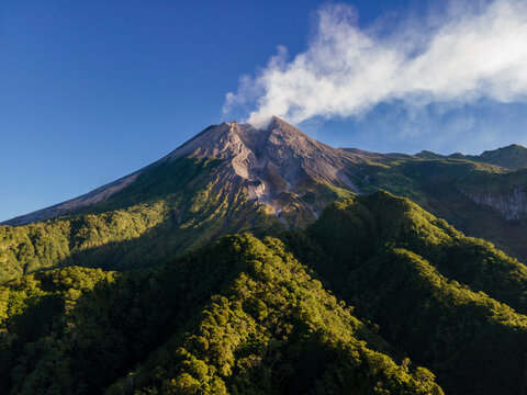 Aerial View of Mount Merapi Volcano at Sunrise, Yogyakarta, Indonesia