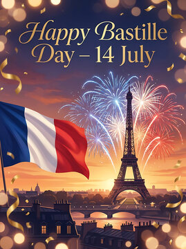Celebrating Bastille Day with a vibrant display of fireworks over the Eiffel Tower in Paris featuring national flag waving and commemorative festivities on July 14th capturing the spirit of French ind