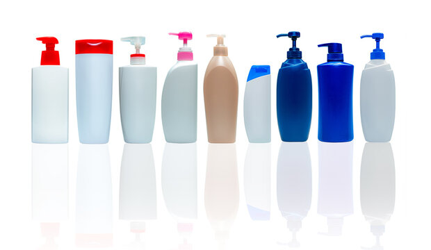 Shampoo and hair conditioner plastic bottle and dispenser pump. Cosmetic bottle isolated. Body soap and shower gel packaging. Liquid soap bottle. Body lotion container. Body care and beauty products.