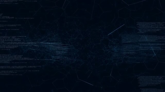 Dark blue digital background with scrolling computer programming code and network connections