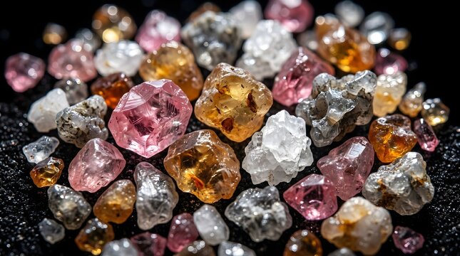 Uncut raw diamonds in various colors, pile of natural rough gemstones on black background, colorful mineral stones for jewelry production