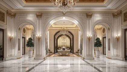 Obraz premium Grand Luxury Marble Hall with Elegant Arches and Crystal Chandeliers