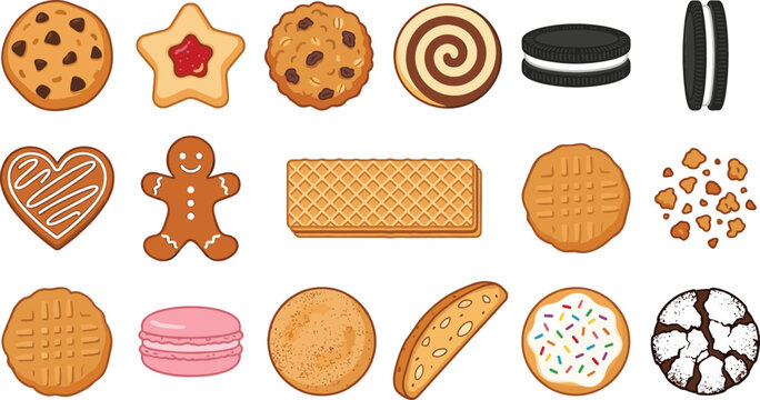 Sweet Dessert Cookie and Biscuit Vector Icon Set with Chocolate Chip Gingerbread Wafer Macaron and Crumb Illustrations for Bakery Menu Designs