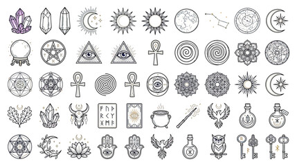 Fototapeta premium Esoteric Symbols Collection: Mystical Icons, Astrology, Alchemy, Magic, Crystals