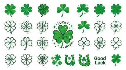 Fototapeta premium Lucky Irish Clover Collection: Four Leaf, Three Leaf, Horseshoe, Good Luck Symbols