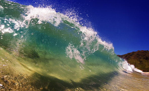 Crystal Clear Turquoise Ocean Wave Curling Over Tropical Beach W