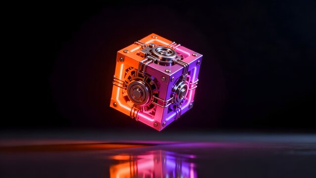 Glowing mechanical cube with gears